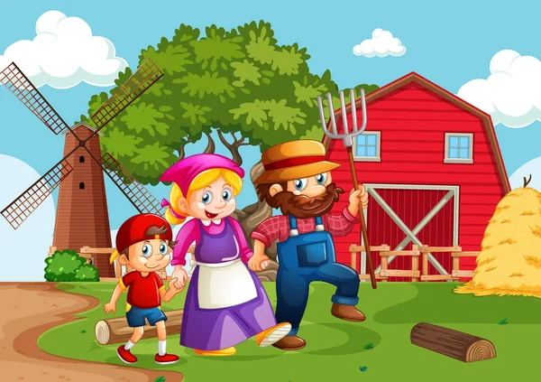 Happy Family Farm Scene Cartoon Style Illustration - Stok Vektor