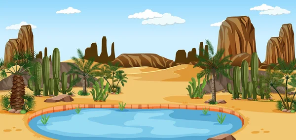 Woestijn Oase Met Palmen Cactus Natuur Landschap Illustratie — Stockvector