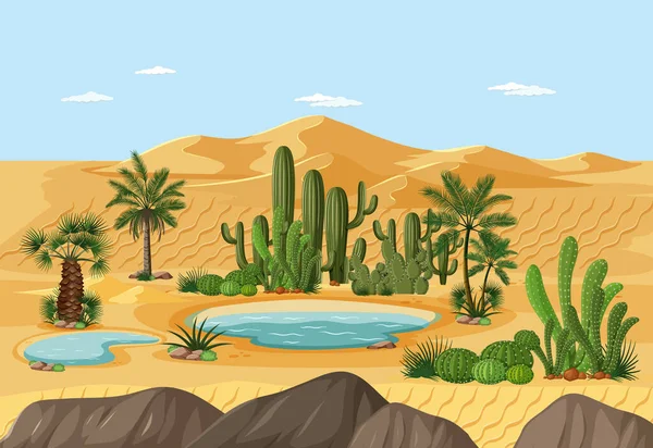 Oásis Deserto Com Palmas Cacto Natureza Paisagem Cena Ilustração — Vetor de Stock