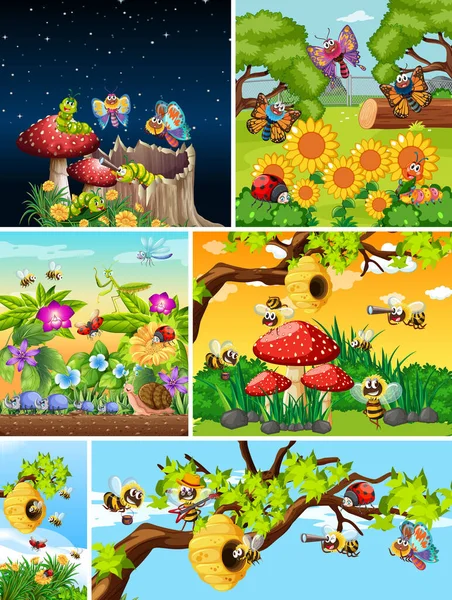 Set Different Insects Living Garden Background Illustration — Stock Vector