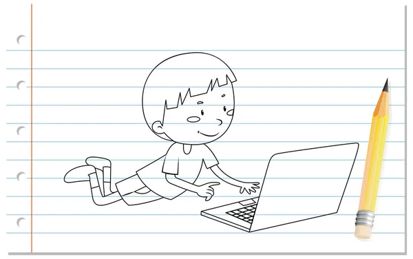 Escrita Mão Menino Procura Esboço Laptop Ilustração — Vetor de Stock