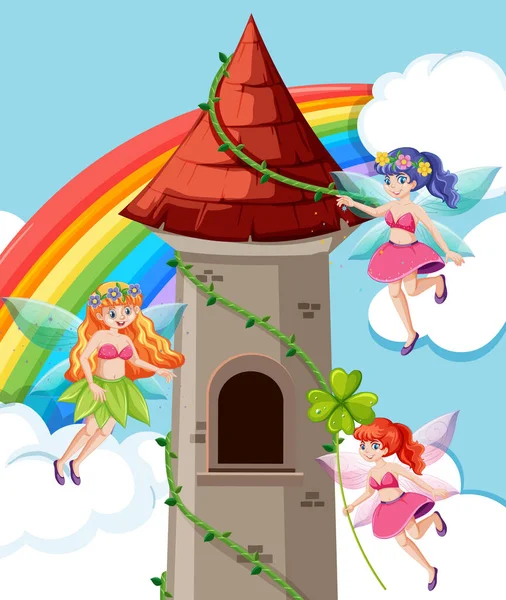 Sprookjes Kasteel Toren Cartoon Stijl Regenboog Hemel Backgroun — Stockvector