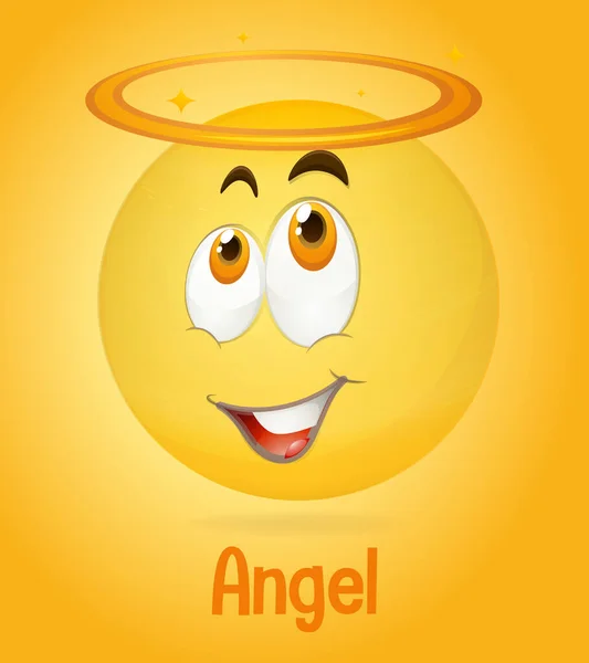 Engelsgesicht-Emoji mit Beschreibung auf gelbem Hintergrund — Stockillustration Engelsgesicht Emoji Mit Beschreibung Auf Gelbem Hintergrund — Stockvektor