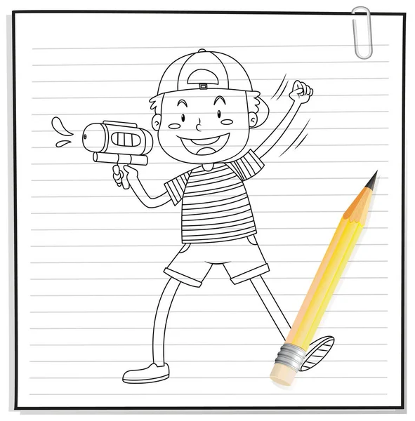 Hand Writing Boy Water Gun Outline Illustration — Stock Vector