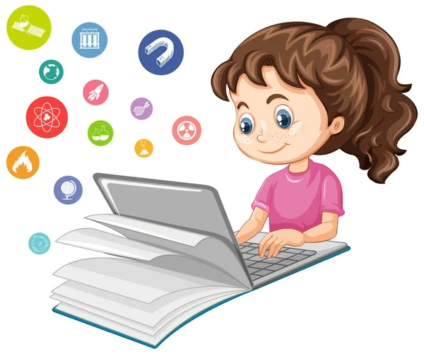 女の子は白い背景イラストに隔離された教育のアイコン漫画スタイルでラップトップ上で検索 — ストックベクタ