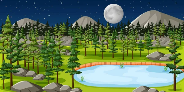 Nature Park Lake Landscape Night Scene Illustration — Stock Vector