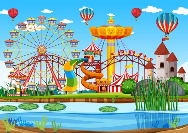 Pretpark Met Moeras Scene Overdag Met Ballonnen Lucht Illustratie — Stockvector