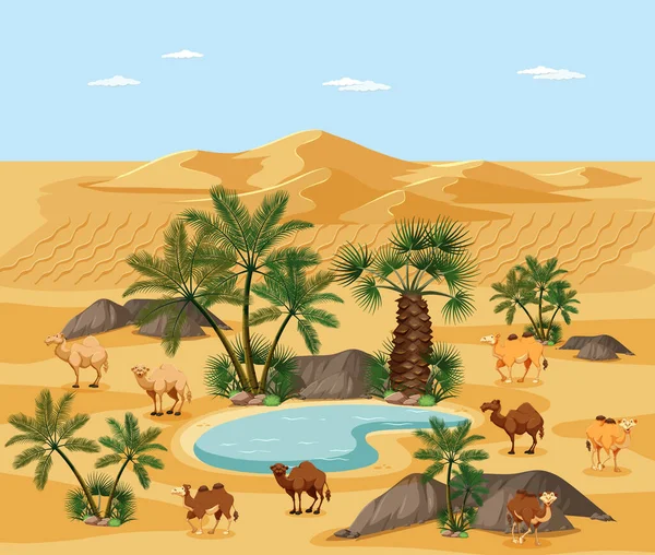 Desert Oasis Palms Nature Landscape Scene Illustration — Stock Vector