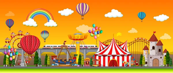 Amusement Park Scene Daytime Balloons Rainbow Sky Illustration — Stock Vector