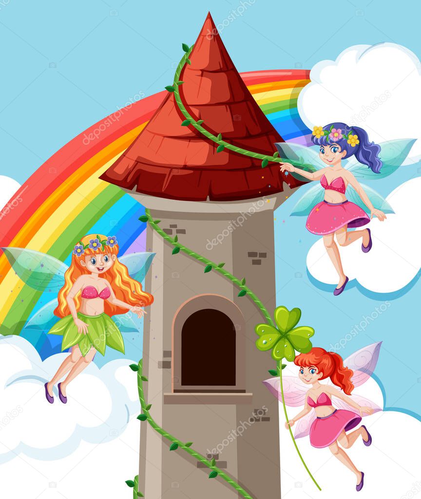 Fairy tales and castle tower cartoon style on rainbow sky backgroun