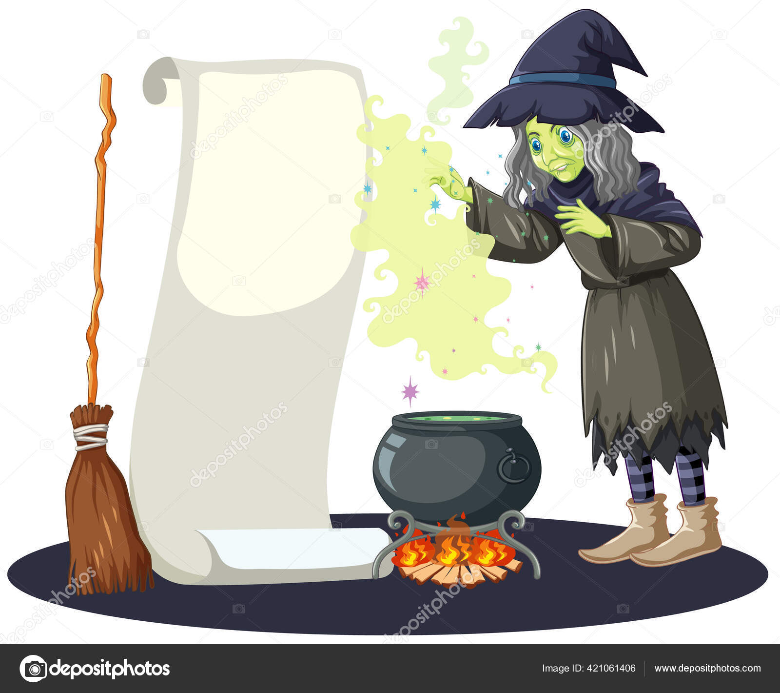 Magic pot isolated on white background. Black witch cauldron with