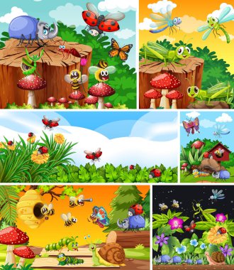 Bahçe arka planında yaşayan bir grup farklı böcek.