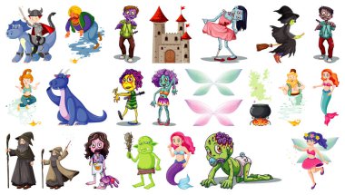 Beyaz arkaplanda izole edilmiş fantastik çizgi film karakterleri ve fantezi teması