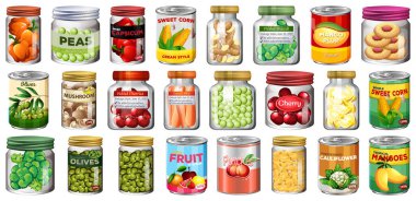 Kavanozlarda farklı konserve yiyecek ve yiyecekler izole edilmiş.