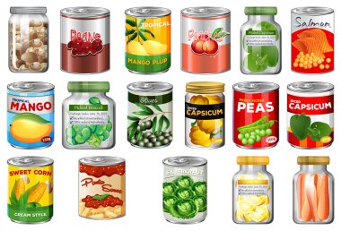 Kavanozlarda farklı konserve yiyecek ve yiyecekler izole edilmiş.