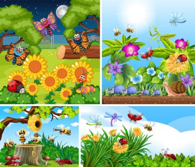 Bahçe arka planında yaşayan bir grup farklı böcek.