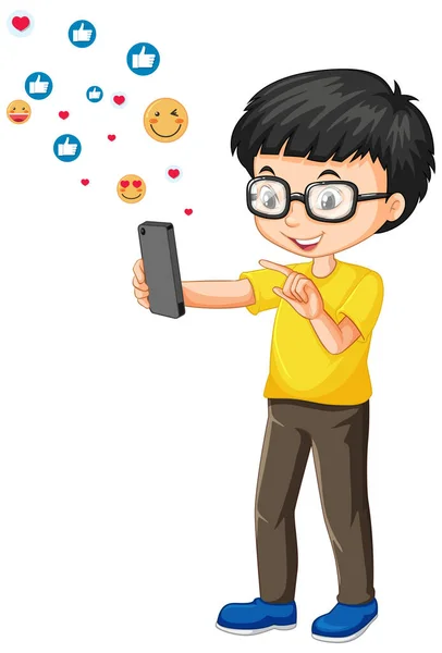 Nerdy Chłopiec Pomocą Smartfona Mediów Społecznościowych Emoji Ikona Stylu Kreskówki — Wektor stockowy