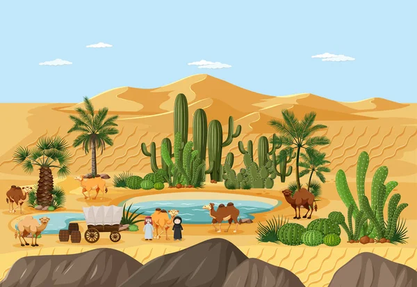 Oásis Deserto Com Palmas Catus Natureza Paisagem Cena Ilustração — Vetor de Stock
