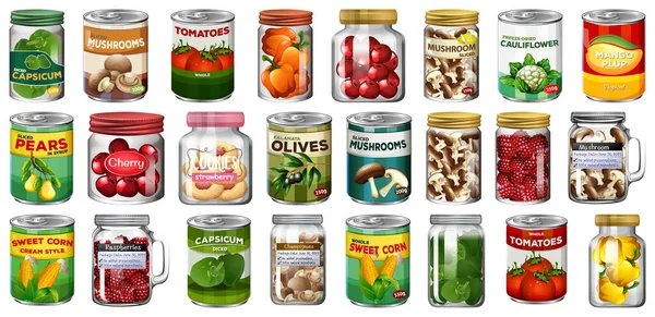 Σύνολο Διαφόρων Κονσερβοποιημένων Τροφίμων Και Τροφίμων Βάζα Απομονωμένη Απεικόνιση — Διανυσματικό Αρχείο