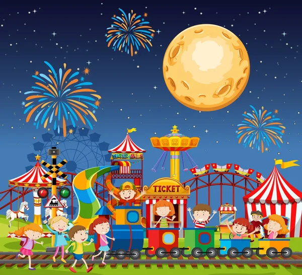 Amusement Park Scene Night Fireworks Moon Sky Illustration — Stock Vector