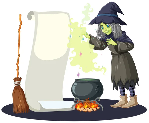 Уродливая Ведьма Черной Магией Горшок Метла Пустой Баннер Бумажный Стиль — стоковый вектор