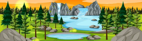 Parque Natural Con Panorama Paisaje Cascada Atardecer Ilustración Escena — Vector de stock