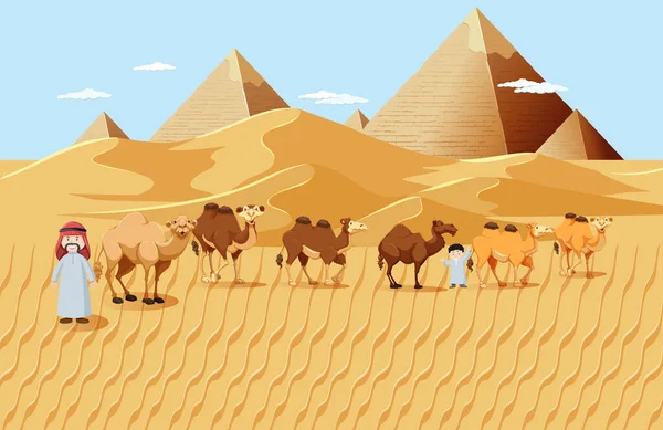 Camels Sivatagban Piramis Háttér Táj Jelenet Illusztráció — Stock Vector