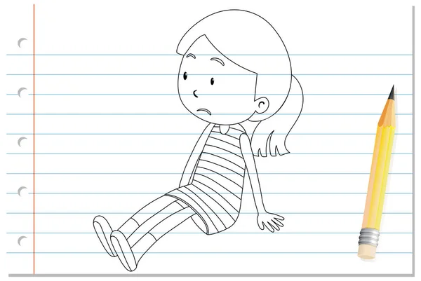 Hand Writing Sad Girl Outline Illustration — Stock Vector