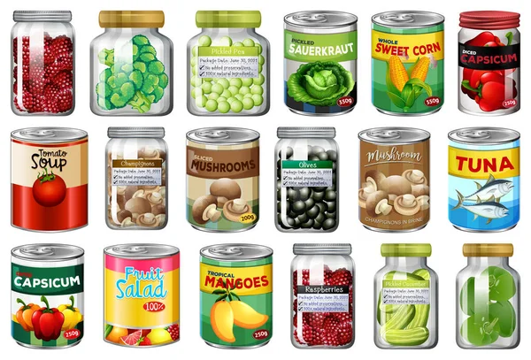 Ensemble Différents Aliments Conserve Aliments Dans Des Pots Illustration Isolée — Image vectorielle