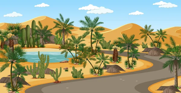 Sivatagi Oázis Tenyérrel Közúti Természet Táj Jelenet Illusztráció — Stock Vector