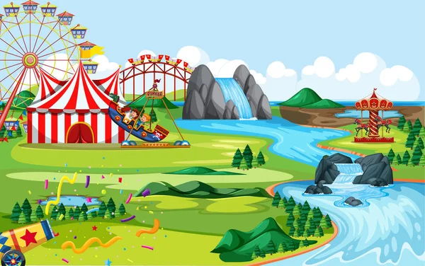 Parque Atracciones Con Circo Muchos Paseos Paisaje Escena Ilustración — Vector de stock