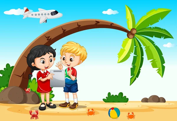 아이들이 해변이나 비행기 뒷배경 사진을 가지고 태블릿을 사용하는 — 스톡 벡터