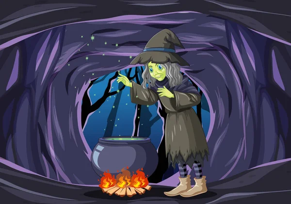 Волшебник Ведьма Волшебным Горшком Иллюстрации Сцены Темной Пещере — стоковый вектор