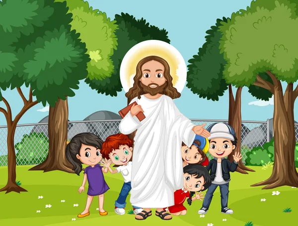 Jesus Com Crianças Parque Ilustração — Vetor de Stock