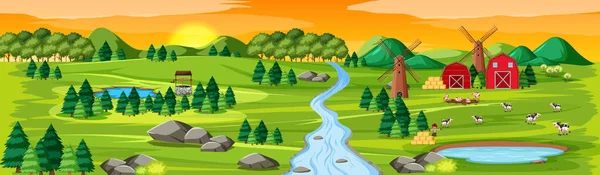 Granja Naturaleza Con Graneros Paisaje Atardecer Escena Ilustración — Vector de stock