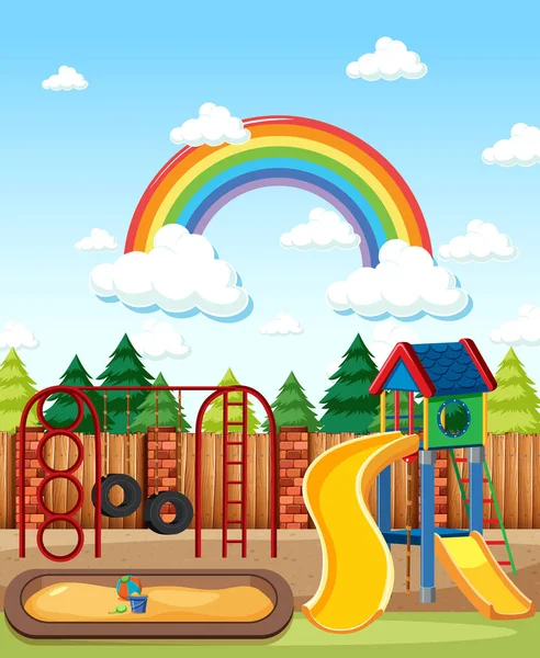 Crianças Playground Parque Com Arco Íris Céu Durante Dia Desenho —  Vetores de Stock