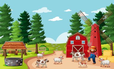 Çiftçi çiftlik sahnesinde çizgi film stili illüstrasyonunda.
