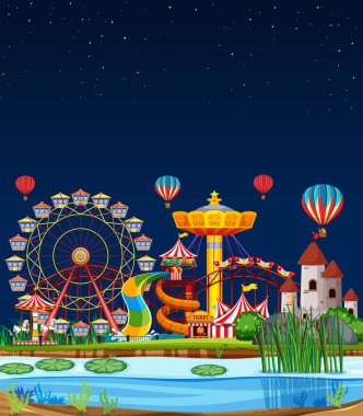 Geceleri gökyüzünde balonlar olan lunapark sahnesi