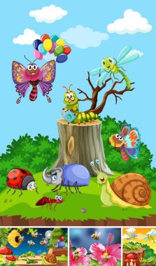 Bahçe arka planında yaşayan bir grup farklı böcek.