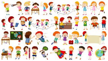 Bir grup sevimli çocuk çizgi film karakteri çizimi