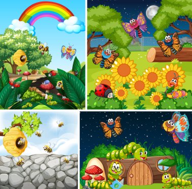 Bahçe arka planında yaşayan bir grup farklı böcek.