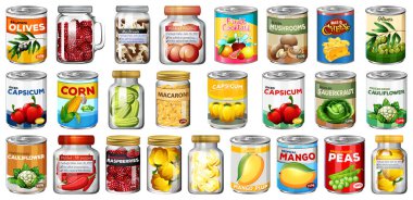 Kavanozlarda farklı konserve yiyecek ve yiyecekler izole edilmiş.