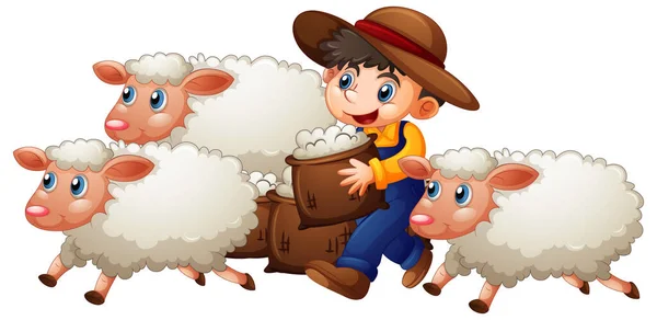 Chlapec Třemi Roztomilé Ovce Bílém Pozadí Ilustrace — Stockový vektor