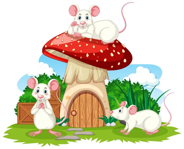三只鼠标卡通风格的蘑菇屋 白色背景插图 — 图库矢量图片