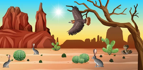 Desierto Con Montañas Rocosas Animales Del Desierto Paisaje Durante Día — Vector de stock