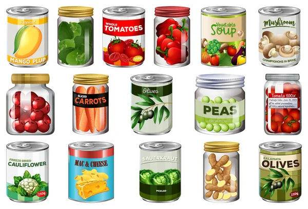 Zestaw Różnych Żywności Puszkach Żywności Słoikach Odizolowanych Ilustracji — Wektor stockowy