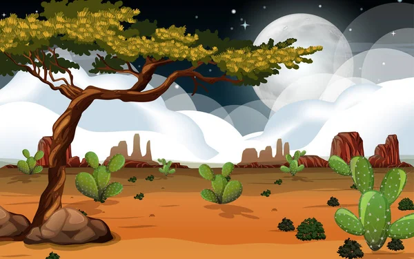 Paisaje Salvaje Del Desierto Escena Nocturna Ilustración — Archivo Imágenes Vectoriales