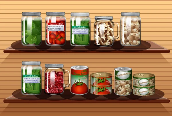 Ensemble Légumes Différents Dans Différents Pots Aliments Conserve Sur Des — Image vectorielle