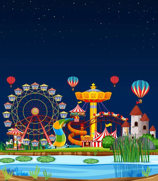 Scène Parc Attractions Nuit Avec Des Ballons Dans Ciel Illustration — Image vectorielle
