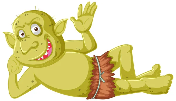 Sárga Kobold Vagy Troll Mosoly Miközben Feküdt Rajzfilm Karakter Elszigetelt — Stock Vector